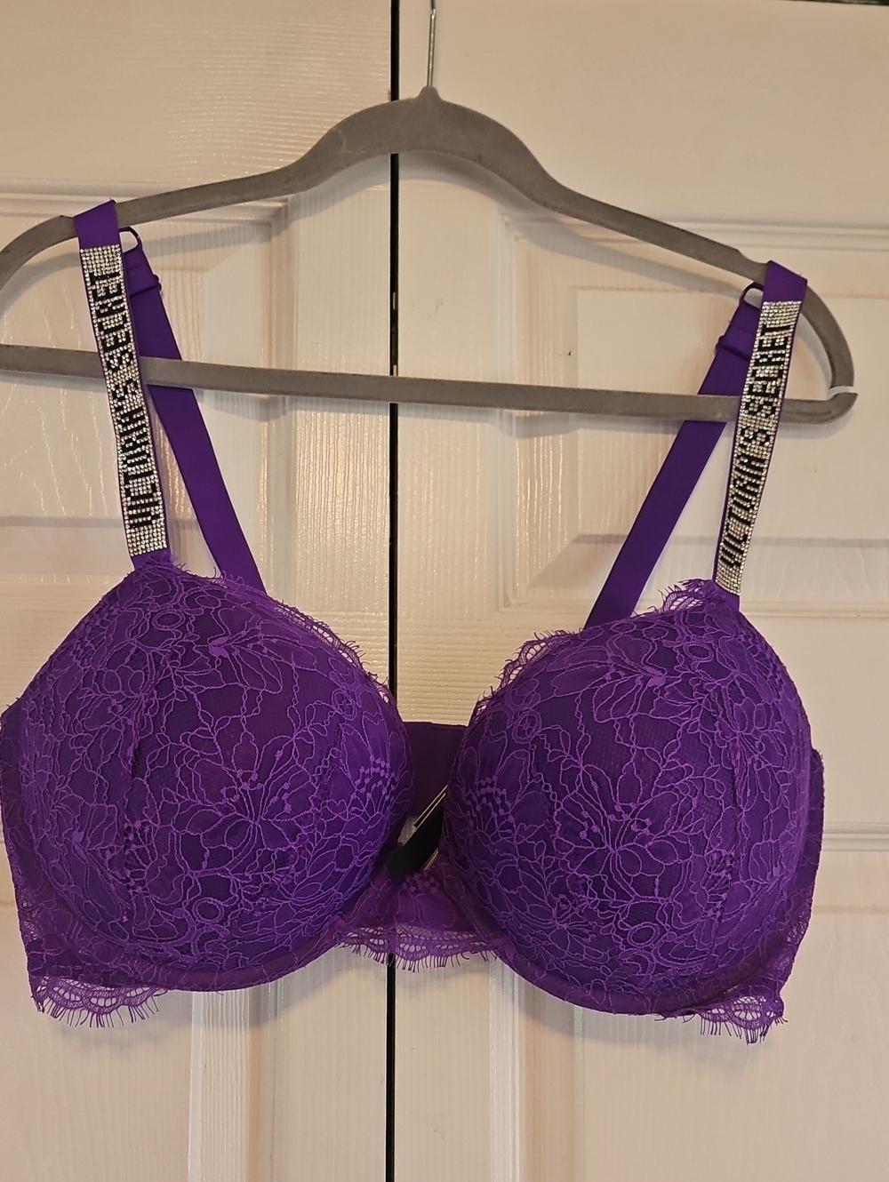 Victoria's Secret Purple Lace Push-Up Bra with Rhinestone Logo Straps